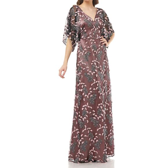 NWT JS Collections Embroidered V Neck Dress Blush multi floral floor length gown - Picture 1 of 11